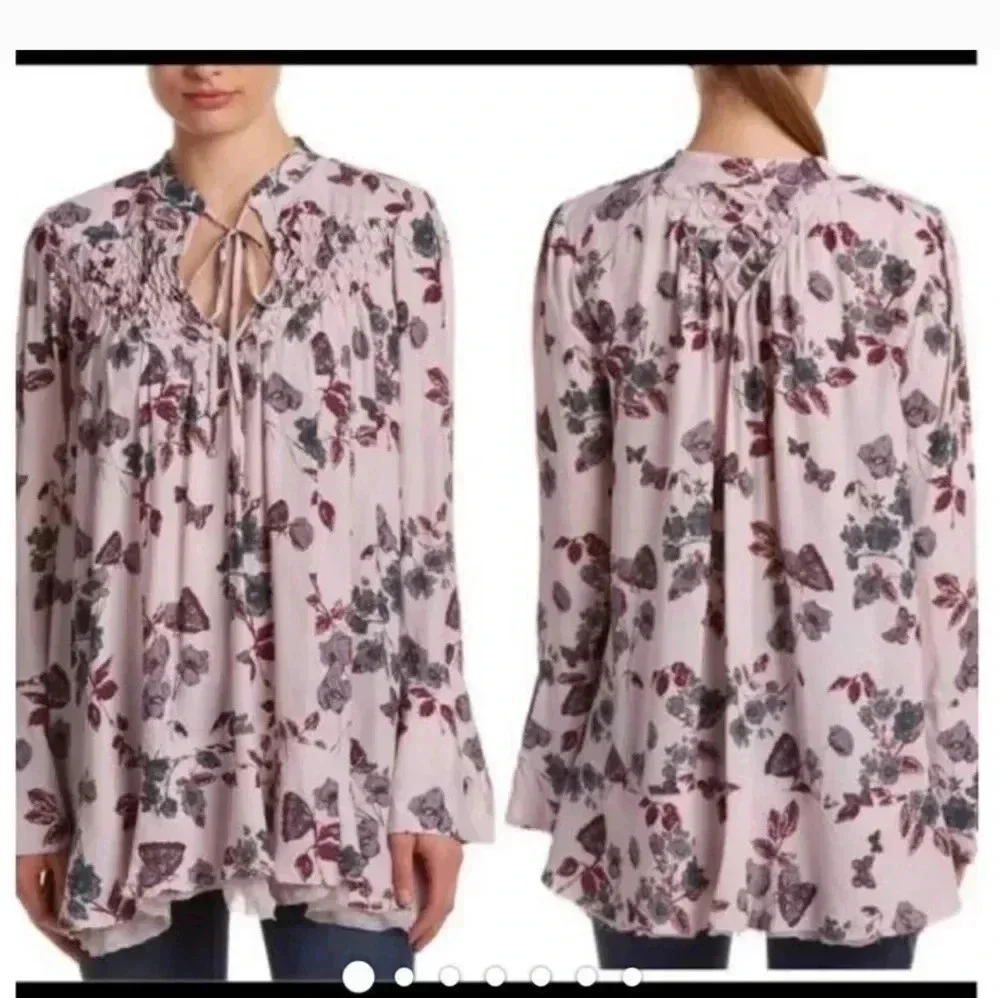 Free People Pebble Crepe Smocked Tunic Flowy Boho Chic Floral Blouse(XS)